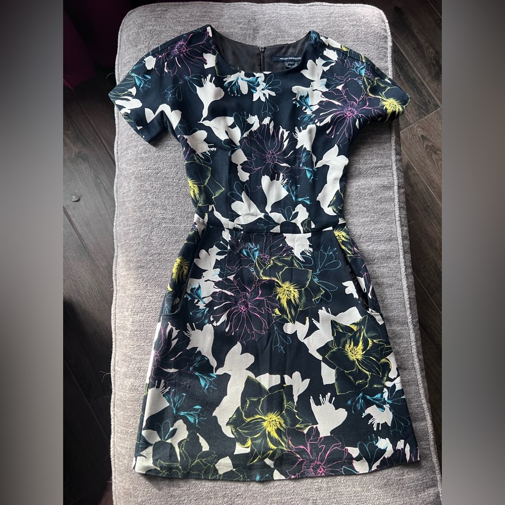 French Connection Navy Floral Mini Dress with White, Yellow & Pink Accents